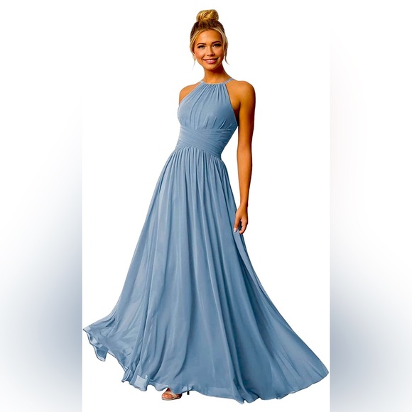Long Chiffon Simple Dress with Halter Neck Green main image 1